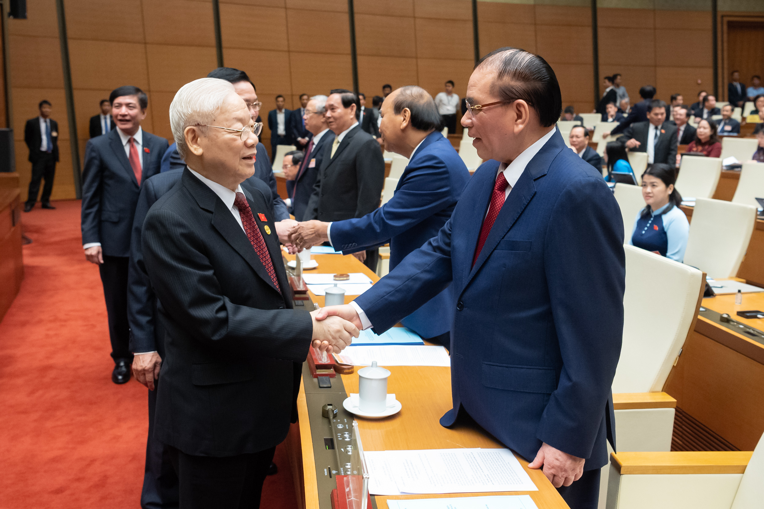 Tổng Bí thư Nguyễn Phú Trọng cùng các đồng chí nguyên lãnh đạo Đảng và Nhà nước bên lề phiên khai mạc
