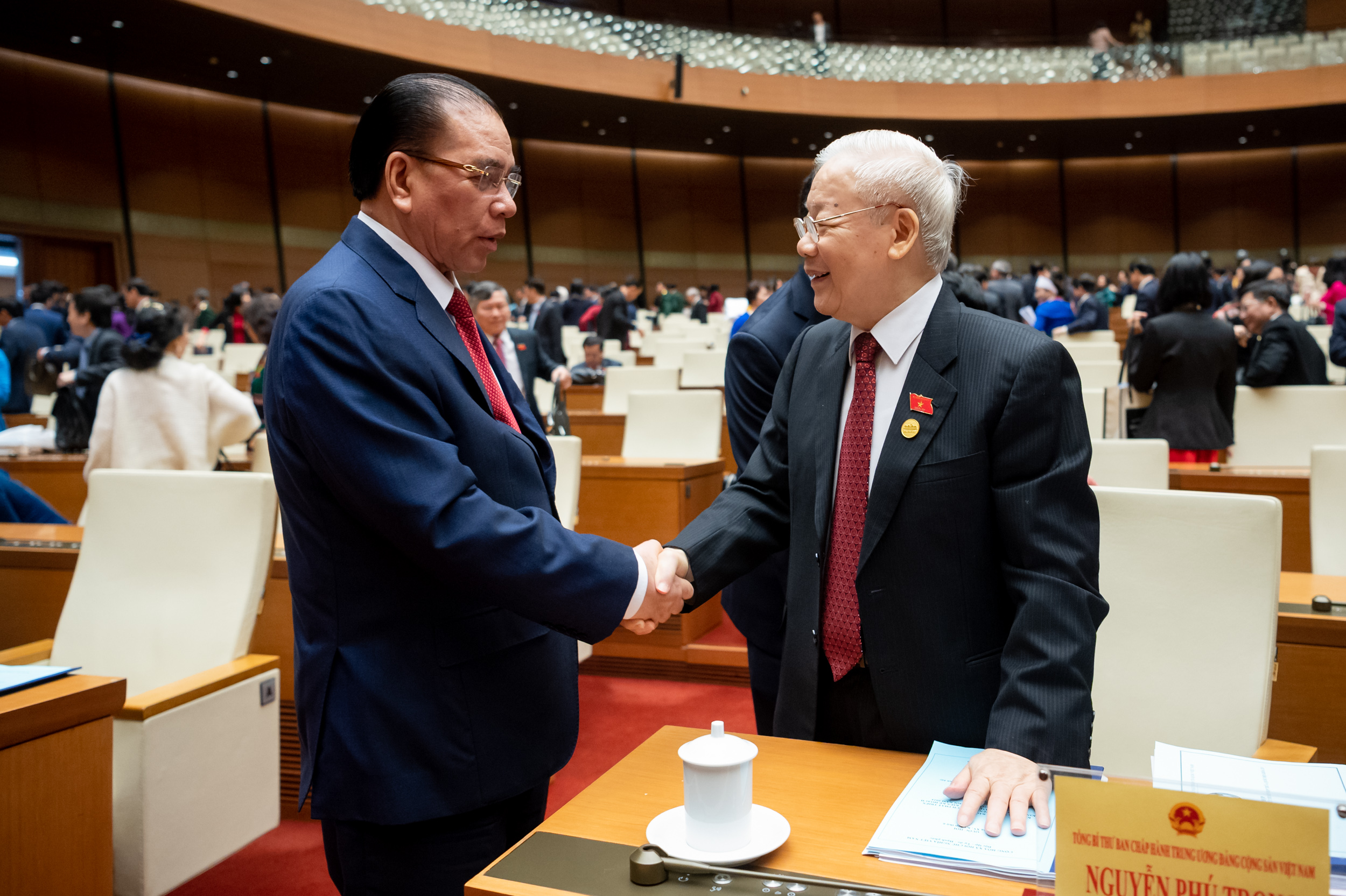 Tổng Bí thư Nguyễn Phú Trọng cùng các đồng chí nguyên lãnh đạo Đảng và Nhà nước bên lề phiên khai mạc
